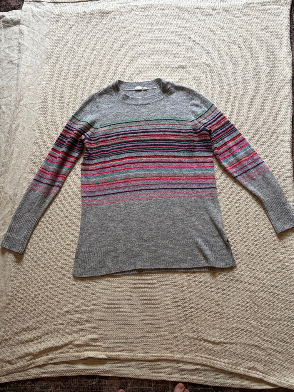 Gap Gray Crewneck Sweater with Multicolor Stripe Detail